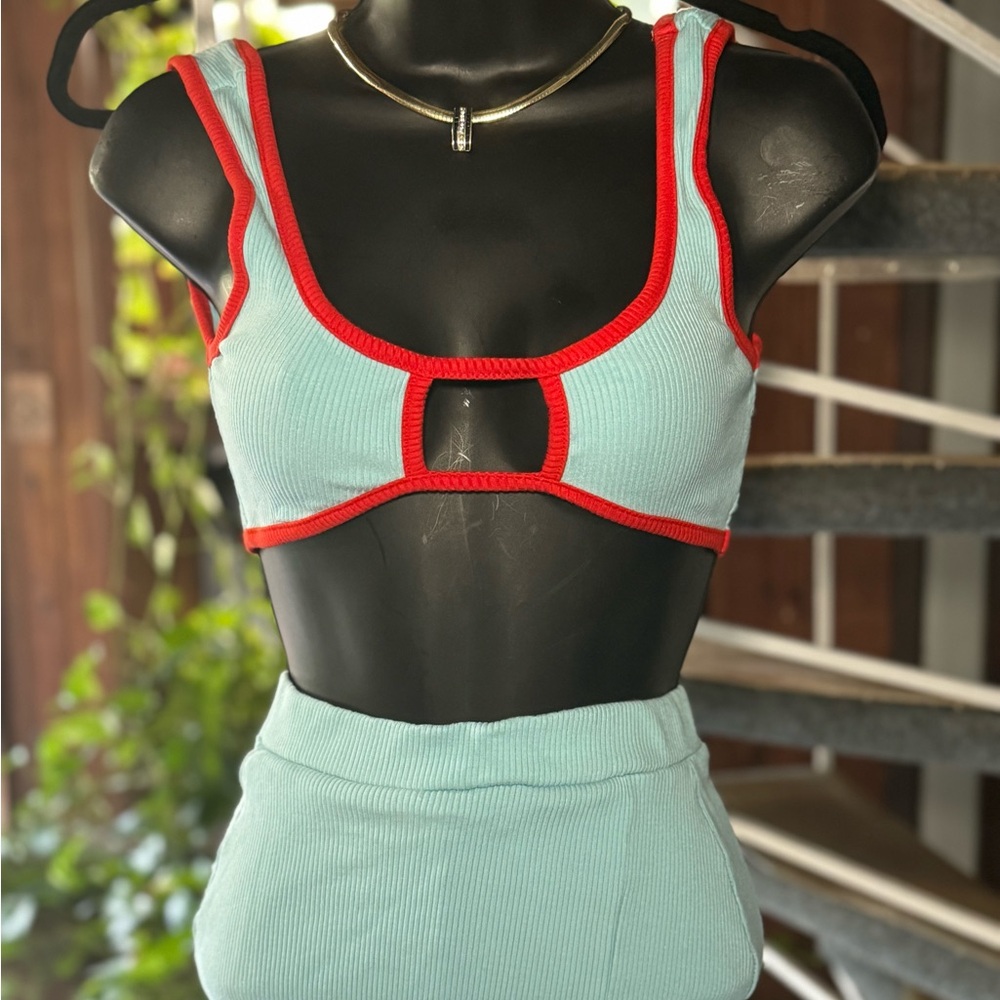 Stylish Blue and Red Two-Piece Set